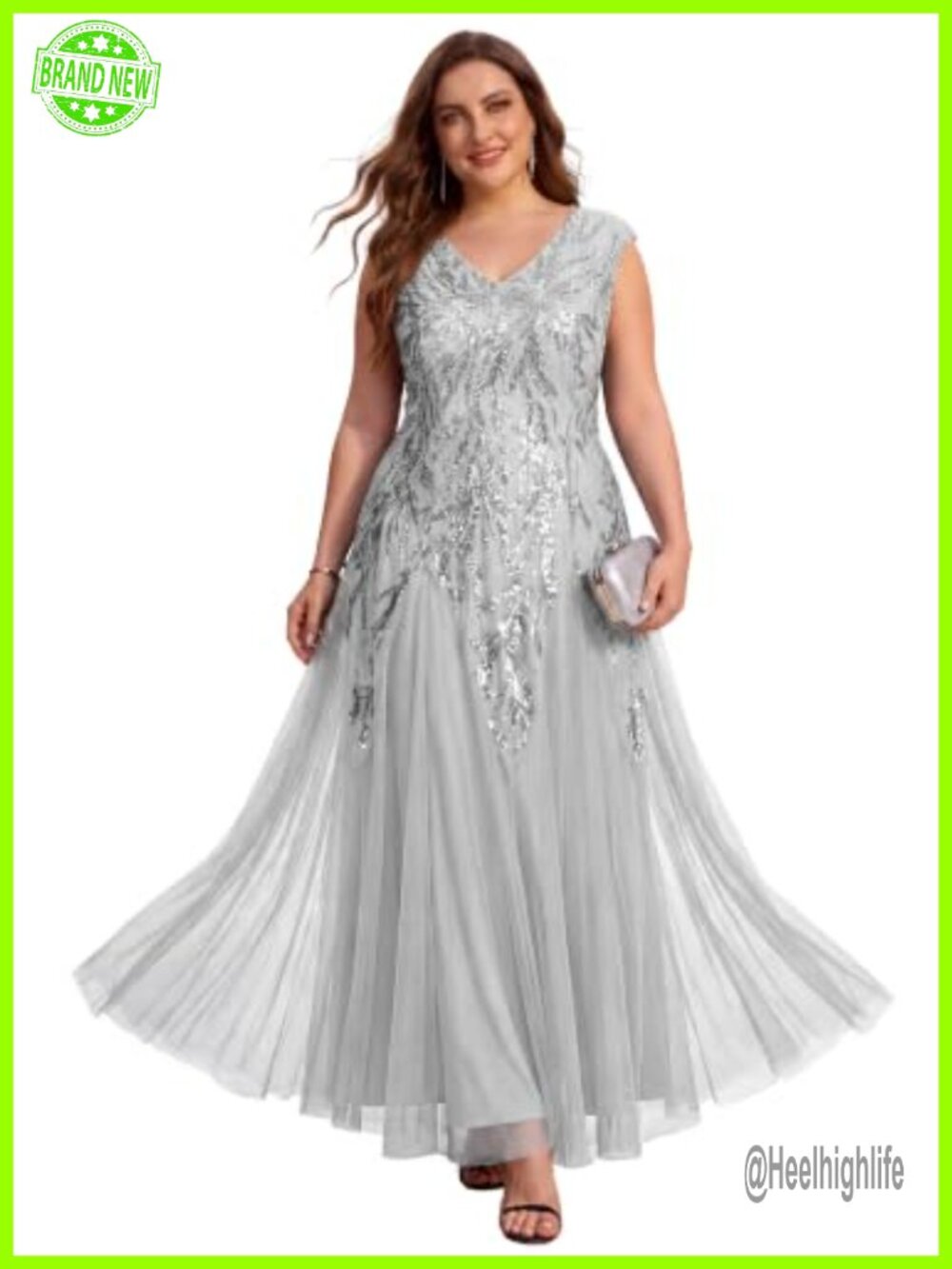 Plus Size Sequin Maxi Formal Evening Gown Sleeveless V-Neck A-Line